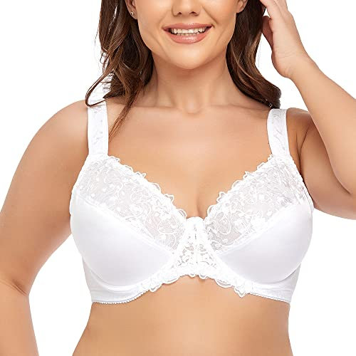Ayigedu Women's Full Coverage Underwire Bra Non-Padded Floral Lace Plus Size Minimizer 44D White