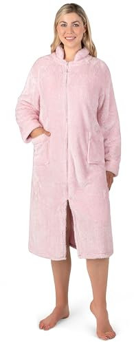 PAVILIA Bata de baño de sherpa con cremallera frontal para mujer, bata de baño de felpa cálida con cremallera, bolsillos esponjosos, Rosa, S-M
