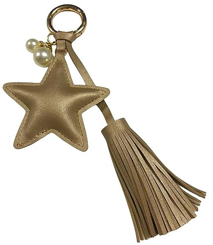 Shining crown Schlüsselanhänger Frau, Leder Quaste Schlüsselanhänger Perle Leder Pentagramm Tasche Charm