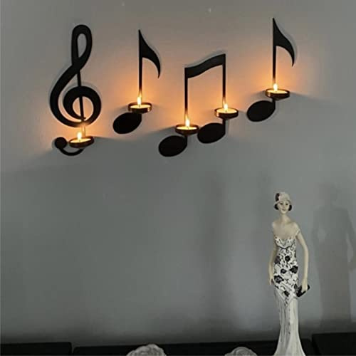 Black Music Note Wall Sconce, OKYUK Vintage Art Musical Note-Style Candle Holders Treble Clef Wall Decor, Creative Wall Mounted Light Candle Rack for Home Office Living Room Classroom (Set of 4)