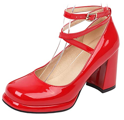 Scarpe Mary Jane da Donna con Tacco Largo, Pompe al Tallone Alto Punta Rotonda Fibbia Vestito Pumps con Plateau Criss Cross Strap Moda Chleuc Rosso Numero 35 EU