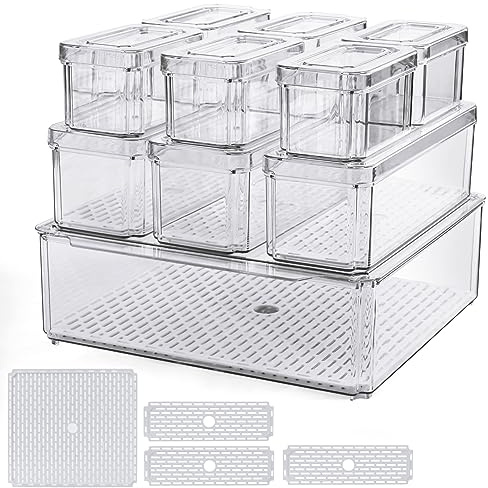 YTOPRO 14er Set 10 Kühlschrank Organizer mit Deckel und 4 Abtropfbrett | Durchsichtig Stapelbare Aufbewahrungsbox Kühlschrankbox für Küche Behälter Aufbewahrung und Organisation