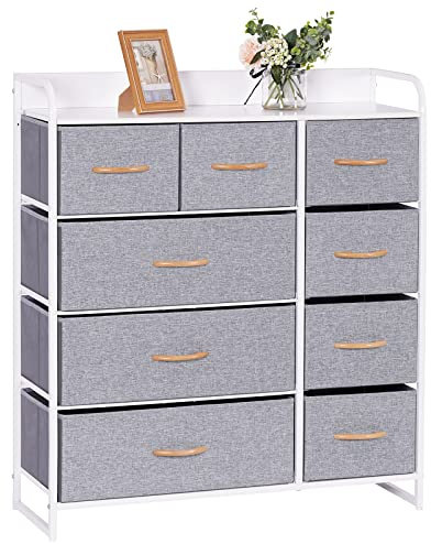 LYNCOHOME Kommode mit Schubladen aus Stoff, Sideboard mit 9 Stoffschubladen, Schubladenschrank Ordnungsmöbel Schrank mit 2 Griffe für Küche Büro Flur