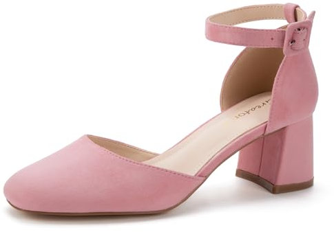 Greatonu Damen Pumps mit Knöchelriemen Spangenpumps Schnalle Pumps Fesselriemen Blockabsatz Riemchenpumps Sandale Absatzschuhe Geschlossene Eckige Spitze Pumps High Heels Hochzeiten Party Meer Rosa 39