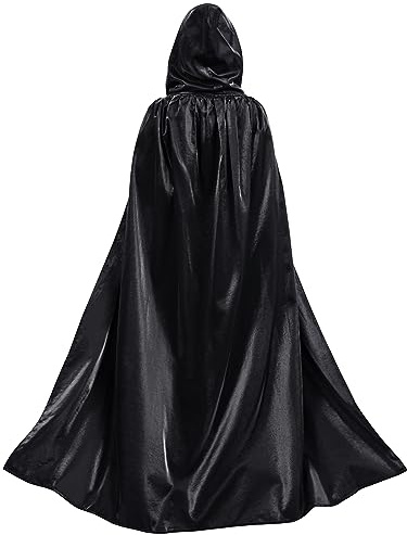 Schwarzer Umhang mit Kapuze,Halloween Umhang Kostüm mit Kapuze,Vampir Umhang Kostüm Erwachsene,Unisex Lange Kapuzenumhang Cape Umhang Satin Kostüm für Halloween Karneval Mittelalter(Schwarz,M)