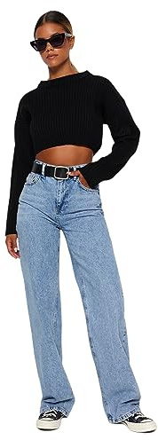 TRENDYOL Damen Gerade Weites Bein Hohe Taille Jeans, Hellblau, 38 EU