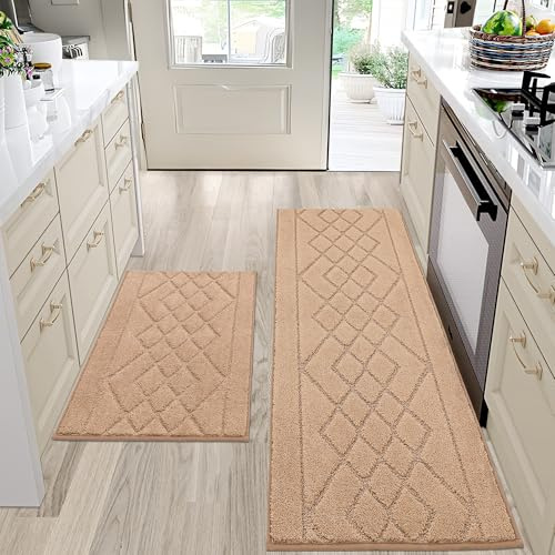 BEQHAUSE Kitchen-Rugs-Sets of 2 Non Slip Machine Washable Kitchen Mats Kitchen Runner Rug & Floor Mats Soft Standing Mats,Beige,50X76cm+50X122cm