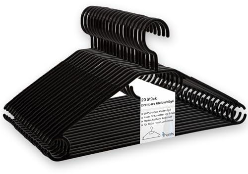 Schwarze Kleiderbügel 20 Stück - Robust und Platzsparend, 360° Drehbarer Haken, rutschfeste Kunststoff Kleiderbügel, Ideal für Leichte Kleidung, Made in EU aus 100% Recyclingmaterial