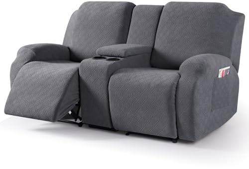 VANSOFY Recliner Loveseat Cover with Middle Console Stretch Reclining Sofa Slipcover for 2 Seat Jacquard Reclining Couch Sofa Covers Furniture Protector with Elastic Straps Bottom (Dark Gray)