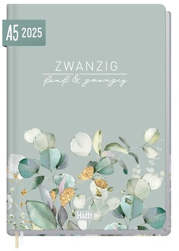 Häfft-Timer 2025 A5 Minty Leaves JANUAR - DEZEMBER 2025, Hardcover Kalender, Buchkalender, Terminplaner für junge Erwachsene - nachhaltig & klimafreundlich