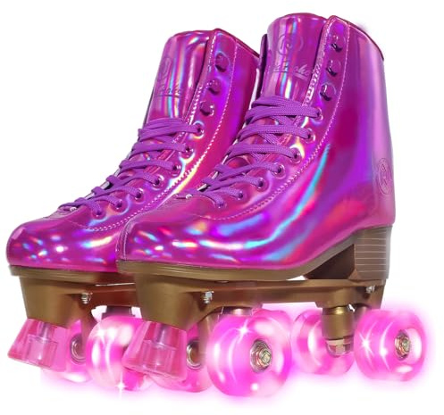 JajaHoho Roller Skates for Women, Magenta Holographic High Top PU Leather Rollerskates, Double-Row Four barbie pink fushcia Light up Wheels Quad Skates for Girls Age 8-50 Indoor Outdoor (Plum, US 7)