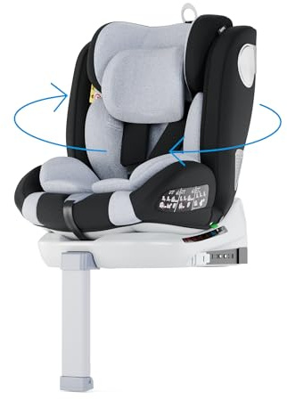 Babify Kindersitz – Um 360° Drehbarer Isofix Kinderautositz Mit Stützfuß, Nach ECE R129 Zugelassen, Vorwärts Und Rückwärts, 40–150 cm (0–12 Jahre), Verstellbare Kopfstütze, 5-Punkt-Gurt, Grau