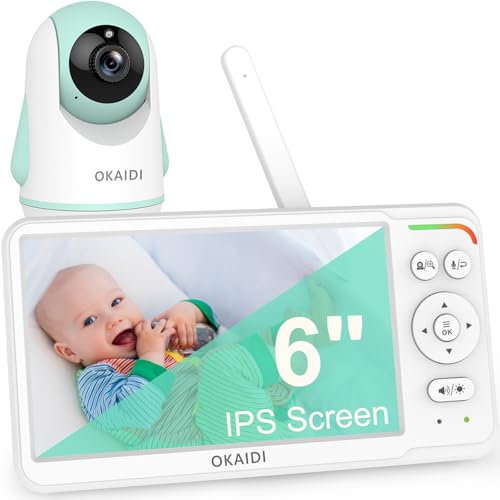 OKAIDI Babymonitor med kamera och ljud, 6 tum IPS ultrastor skärm med 30-timmars batteri, 305 m räckvidd babymonitor ingen WiFi, mörkerseende, 2-vägskommunikation, fjärrpan-tilt-zoomkamera,
