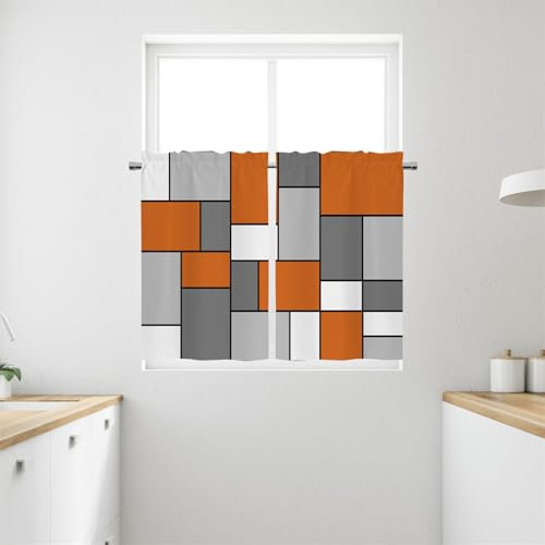 Surwin Bistrogardine Coffee Break Scheibengardine Küchengardine, Geometrie Halbtransparente Kurzgardine Wohnzimmer Landhaus Càfe Gardinen Moderne Kurz Vorhang, 2er Set (W132xL137cm,Orange)