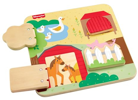 Fisher-Price Tablero de madera de animales de granja Juguete entretenido para desarrollo de bebés y niños y niñas pequeños a partir de 1 año, JCY33