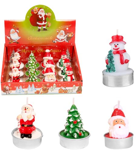 Foreverup 12 Stücke Weihnachten Teelichter Kerzen, Handgemachte Zarte Teelichter Kerzen, Weihnachtsmotiv Kerzen Geschenkset Weihnachtsbaum Schneemann für Weihnachtliche Tischdekoration Geschenke