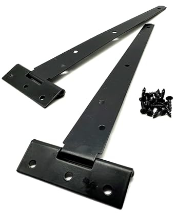 2PK 250mm Black Tee Hinges with Fixings. 10 T-Hinges for Garden Gates, Sheds and Doors. Japanned Corrosion and Weather Resistant External Hinge Pack of 2 with Screws.