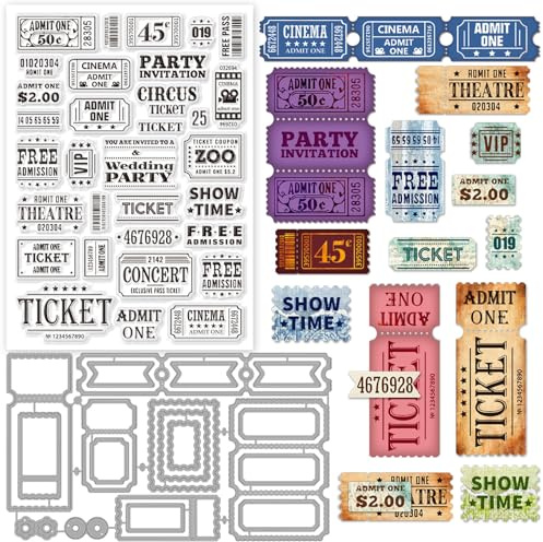 GLOBLELAND Vintage Ticket Text Silikonstempel und Stanzformen Set Für Kartenherstellung Label Frames Klare Stempel Und Stanzformen Set Für DIY Craft Scrapbooking Grußkartendekoration