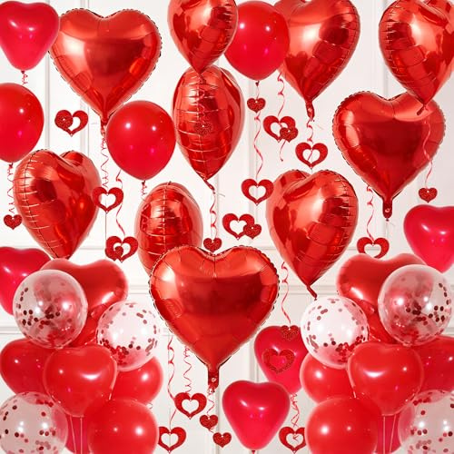 Rotes Folien-Herzballon-Set, 30 rote Herz- und Konfetti-Luftballons, 50 Stück hängende Luftschlangen, für Valentinstagsdekorationen, Antrag, Hochzeitsfeier