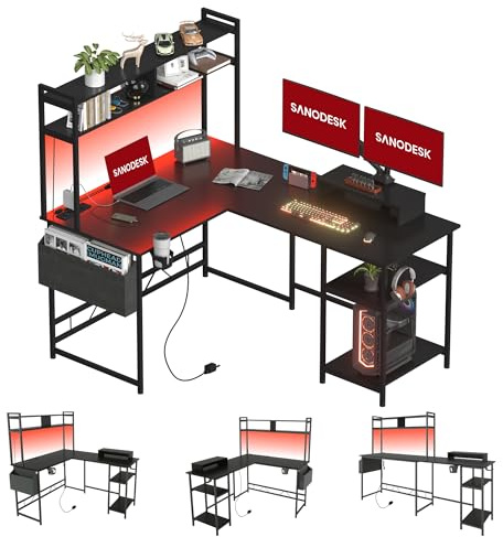 SANODESK LED Bureau Gaming 120 * 140cm, Bureau d'angle avec Rangement, 2 Chargeur USB, 2 Prises, Bureau Informatique PC en Forme L avec Support de Moniteur pour Jouer et Travailler, Noir