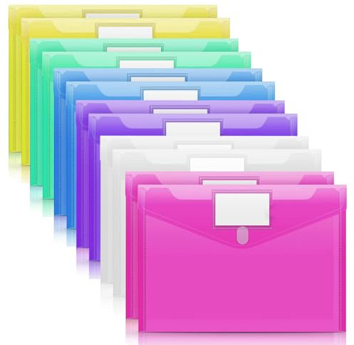 KOOSREEL 12 Stück A4-Dokumententasche, Ordnertasche in 6 transparenten PVC-Farben, Verschlusstasche mit Klappverschluss und Etikett, für Büro, Reisen, Zubehör