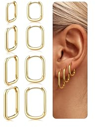 Chriscoco 4 Paires Boucles d'oreilles Creoles Femme Hypoallergénique Boucles d'oreilles Argent Or 14k Coeur/Rectangle/Étoile Boucles d Oreilles Creoles Bijoux pour Femmes,G-R