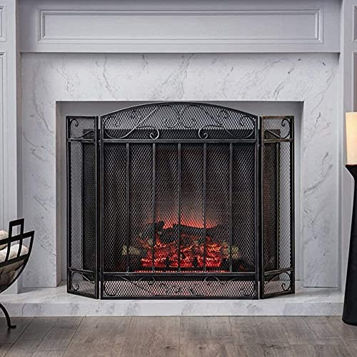 Fireplace Screen Guard, Spark Protection Heavy Duty 3 Panel Fire Screen Spark Guard Black, Fireguard with Fine Mesh Grid for Fireplace & Stove, Free-standing 3-fold Surround Screen