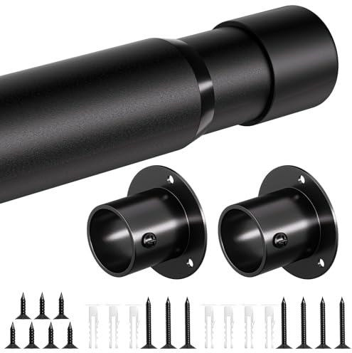 Extendable Wardrobe Rail, 43-247cm Adjustable wardrobe rails and fittings, 32MM Heavy Duty Metal Clothes Rail Pole With Fixing Sockets, Hanging rails for clothes, Wardrobe, Cabinet, Bathroom, Black