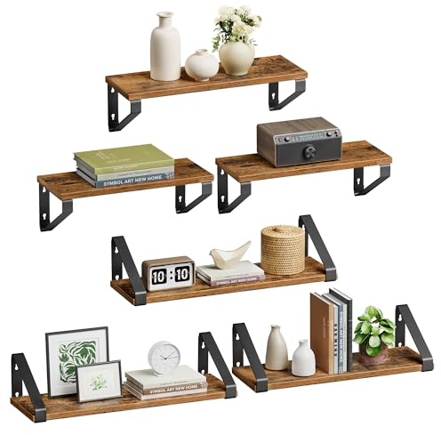 VASAGLE Wandregal, Schweberegal, 6er Set, Regalbrett, 2 Montagemöglichkeiten, 30/35/40 cm, für Wohnzimmer, Küche, Arbeitszimmer, Badezimmer, vintagebraun-Mattschwarz LWS033K02
