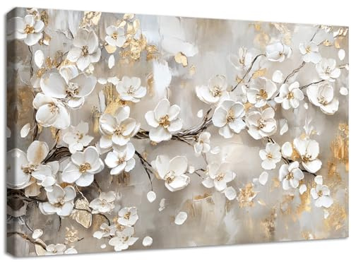 Weiße Blumen Große Leinwand Bilder Mit Rahmen Abstrakter Beige Floral Baum Bild auf Leinwand Malerei Abstraktes Poster Kunstdrucke Wandbilder Zuhause Wohnzimmer Schlafzimmer Wanddekor 120x80cm