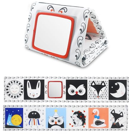 caterbee Baby Crib Activity hanging toy, Black and White High Contrast cot toy, With mirror toys surrounding the bed (Forest)