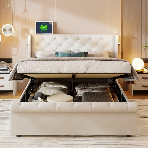 Mutuolux Lit Coffre 140x200 cm,Lits Capitonné avec Têtes de Lits Rembourrées et 2 Liseuse,Cadre De Lit avec USB,Bedframe avec sommier à Lattes, Velours, Beige