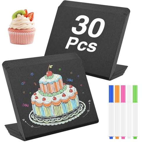 JEFURE PVC Mini Kreidetafeln, Beschriftbar, 30 Stück, L-Form | Kleine Tafel für Preisschilder, Tischkarten, Buffet Schilder, mit 5 Stifte und 1 Putztuch, für Party und Restaurant