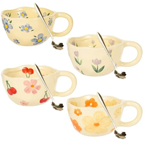 Juego de tazas de café, 4 tazas de café con cuchara, tazas de capuchino, tazas creativas de cerámica para leche, cacao, taza regalo de Navidad, regalo de cumpleaños para mujeres, 250 ml