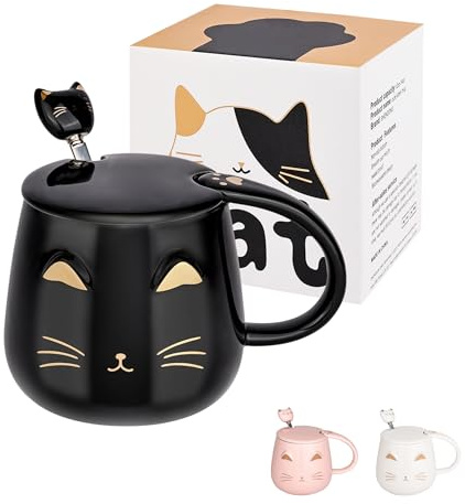 OPTVTAVITA Bonita Taza de Gato de Cerámica Taza de Café con Tapa Kawaii y Adorable Cuchara de Acero Inoxidable Taza Novedosa Matutina Tazas de Café Leche Té - Tazas de Animales 3D para Amantes de los