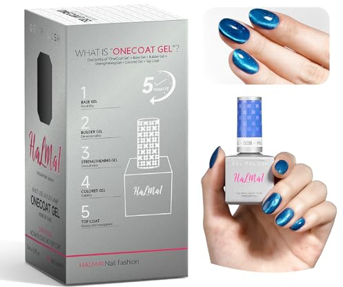 HALMAI OneCoat Cat Eye Gel Polish with Magnet,5-in-1 Replaces Base Color Builder Strengthen Top, Quick-Dry UV/LED, Easy DIY Nails Gift for Beginners & Home Use (Blue)