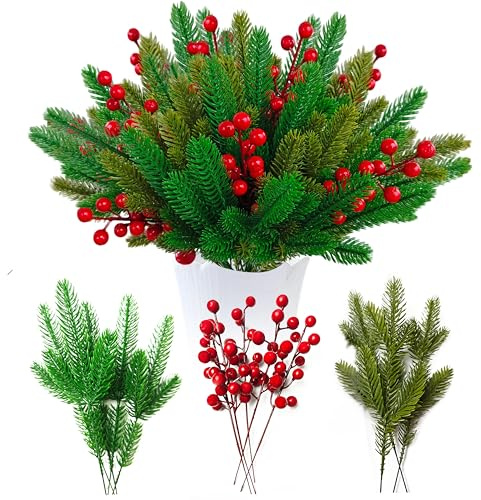 60 künstliche tannenzweige ,dekorative Zweige mit Roten Beeren winterdeko | Weihnachten Kiefernzweige künstlich wie echt Weihnachtsblumen Künstlich für tannengirlande Weihnachtsverschönerung