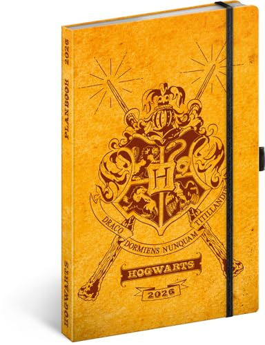 NOTIQUE Möteskalender 2026 ca A5-2-i-1 kalender och anteckningsbok, inbunden veckoplanerare med gummibandstängning, 144 sidor möteskalender, bokkalender, planbok (Harry Potter)