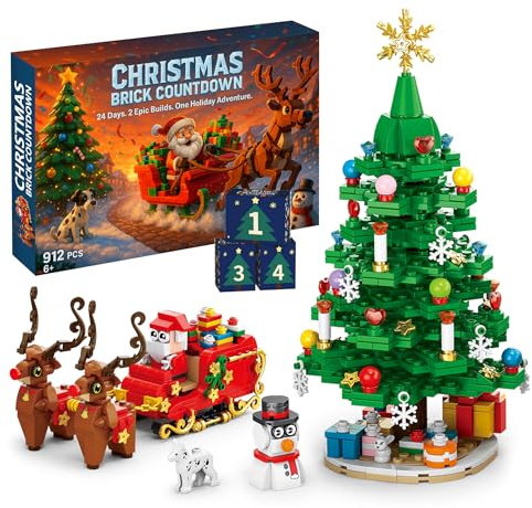Weihnachtsbaum Bausteine Adventskalender 2025, Klemmbausteine mit 912 Teilen, Schlitten & Rentier, 24-Tage Countdown-Kalender Geschenk für Kinder, Mädchen, Jungen und Erwachsene