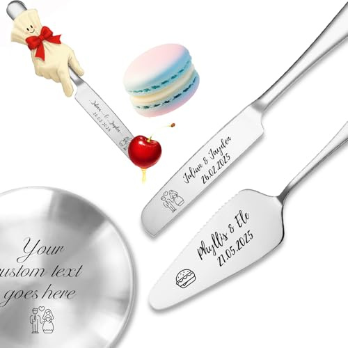 RSQGT Personalized Wedding Cake Knife and Server Set, 5 Pcs Stainless Steel Cake Cutting Knife,Elegant Bridal Pastry Cake Cutter, Customize Gifts for Wedding Anniversary Birthday