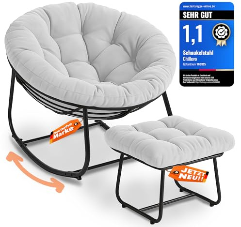 Chillevo Chillzeit Schaukelstuhl mit Fußablage [Testsieger] Wetterfest Schaukelsessel Ergonomisch Rocking Chair für Wohnzimmer Garten Balkon & Terrasse XXL Outdoor belastbar bis 180kg (Sandweiß)