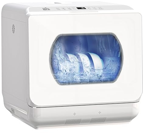 HOMCOM Mini lave-vaisselle 4 couverts, lave-vaisselle de table 5 programmes, double alimentation en eau, lavage des fruits, réservoir d'eau 6L, commande tactile, départ différé, affichage LED, blanc