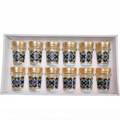 Générique Set de 12 Verres à Thé Marocains, Motif Floral Oriental Multicolore avec Bande Dorée, Style Traditionnel, Verre Cylindrique, 150ml