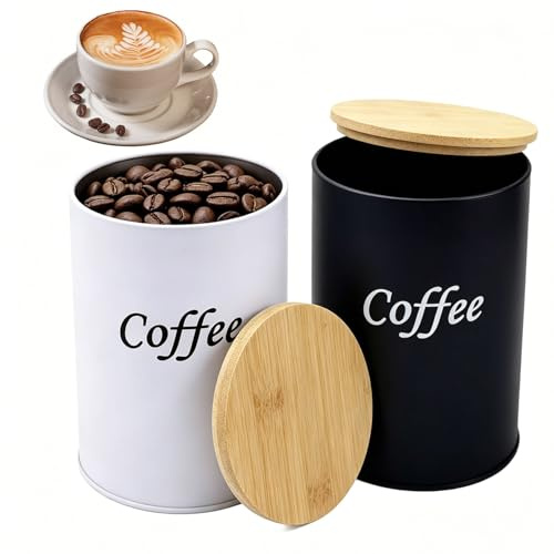 AXVRAV Juego de 2 latas de café herméticas de 500 ml, recipientes para granos de café con tapa de bambú, redondas, para café molido, cápsulas de café en polvo, regalo para los amantes del café (negro