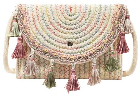 Long Keeper Straw Crossbody Bag for Women Bohemian Summer Beach Clutch Purse Woven Tassels Shoulder Bag Envelope Handbag for Vacation Travel