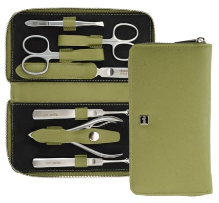 nippes Solingen Maniküre Set Verde, 7-tlg., veganes Eukalyptus-Leder-Etui | rostfrei, nickelfrei, Hautschere, Nagelschere, Saphirfeile, Universalpinzette, Nagelzange, stabiler Druckknopf-Verschluss