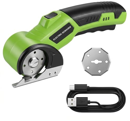 Katomi Elektrische Schere Akku Kartonschneider, 4V Kabelloser Stoffschneider mit 2 achteckigen Klingen, USB-C Wiederaufladbare Multischneider für Pappe & Stoff, Sicherheitssperre