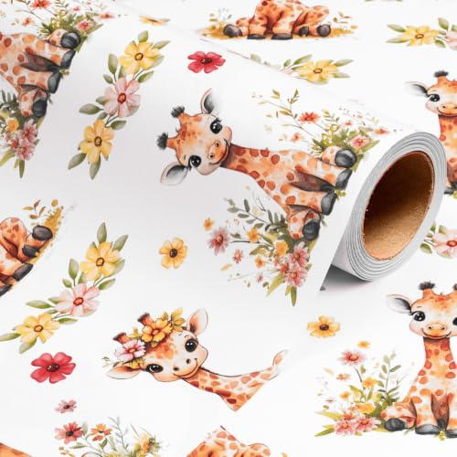 Wikadlik Niedliches Baby-Giraffen-Geschenkpapier – 43 cm x 5 m Florales Safari-Tiermotiv-Design Geschenkpapierrolle für Kindergeburtstage & Babypartys