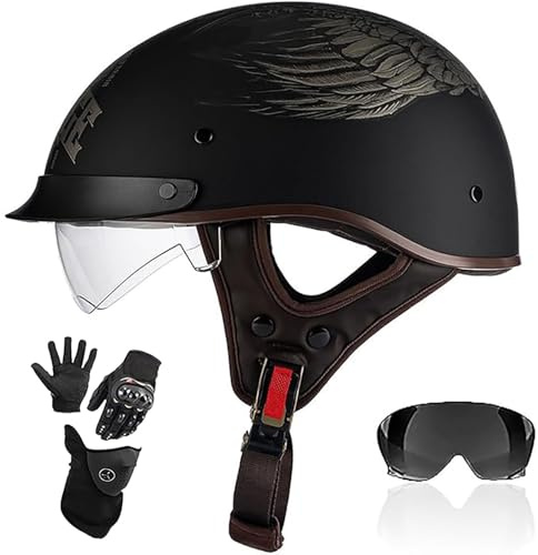Omologato ECE Casco Jet Vintage Uomo Donna, Casco Moto Aperto Con Occhiali Da Aviatore, Casco Scodella Per Motorino Scooter Cruiser 5,M/(57~58cm)