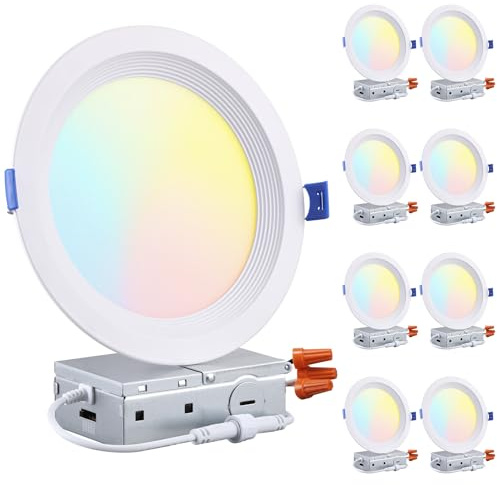 TORCHSTAR 8-Pack 5CCT 6 Inch Slim LED Recessed Lighting with J Box, Aluminum, Anti-Glare Baffle Trim, 12W 1000LM, CRI90 Dimmable Ceiling Downlight, Air Tight & IC Rated, 27003000350040005000K, ETL&ES
